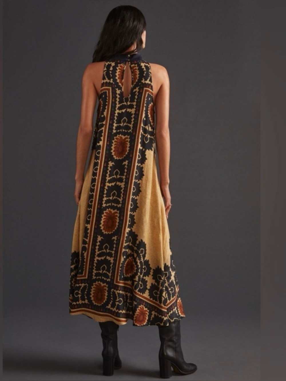 Farm Rio Halter Maxi Dress Sleeveless Floral Scarf Print Beige Orange Med - Picture 3 of 13